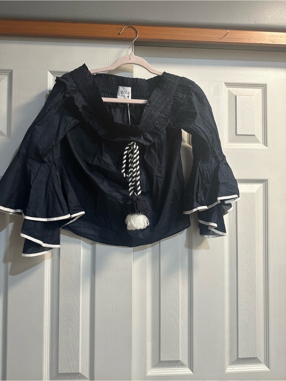 Misa Los Angeles Navy Peasant Blouse with Contrast Tassels